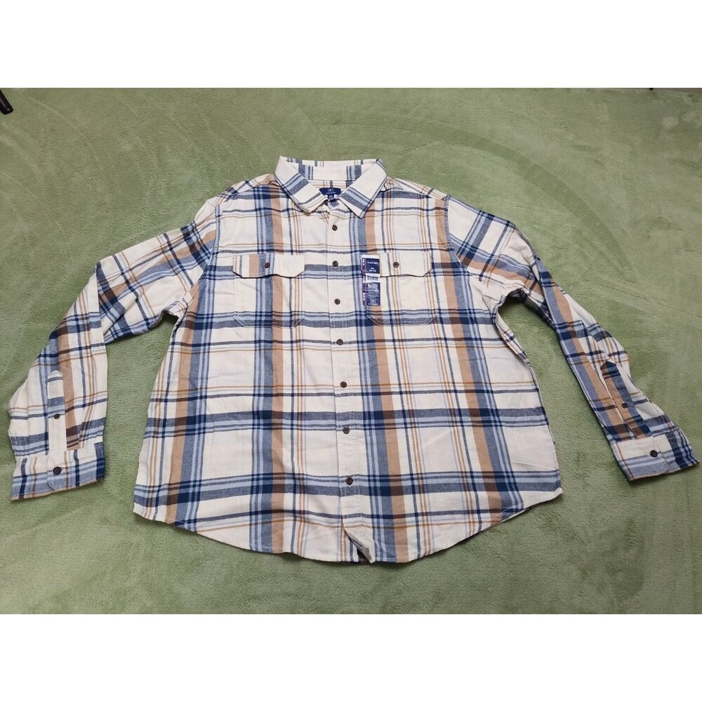 Geoege Flannel  Shirt Adult Mens 2XL  White Plaid Button up NWT